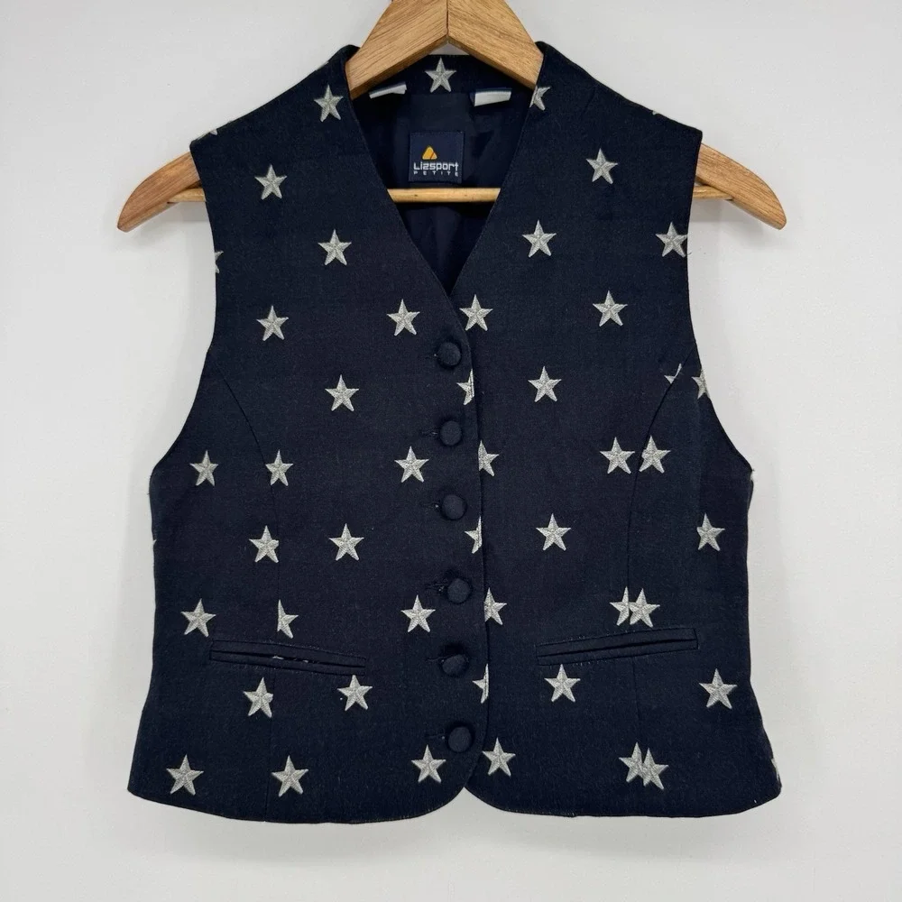 90s Liz Sport Blue Embroidered Vest‎ Women's Petite 2 Preppy Patriotic Button Up